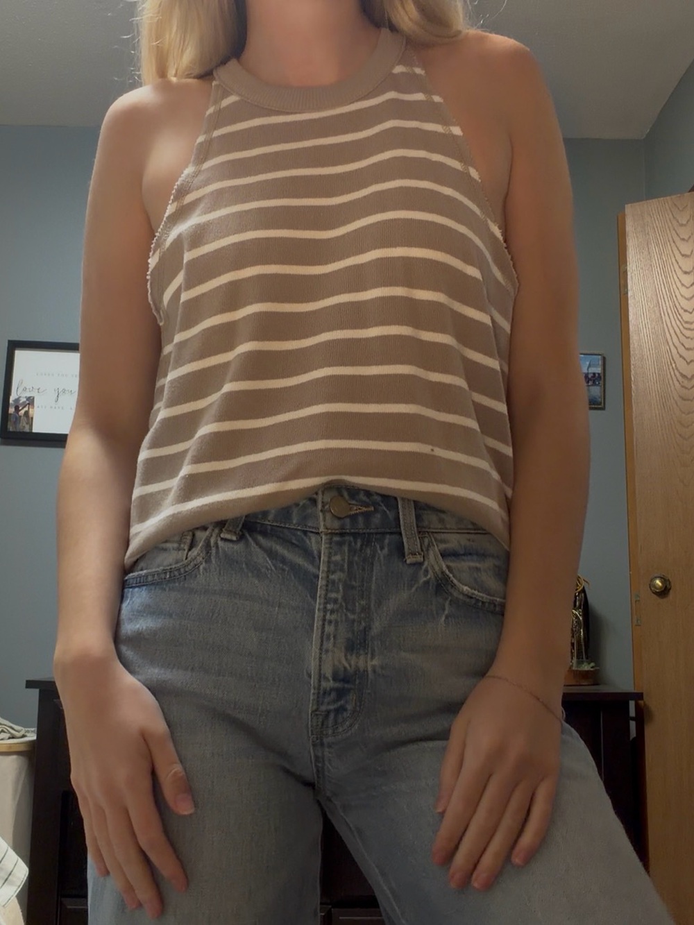Sleeveless Striped Halter Tank Top in Beige and White